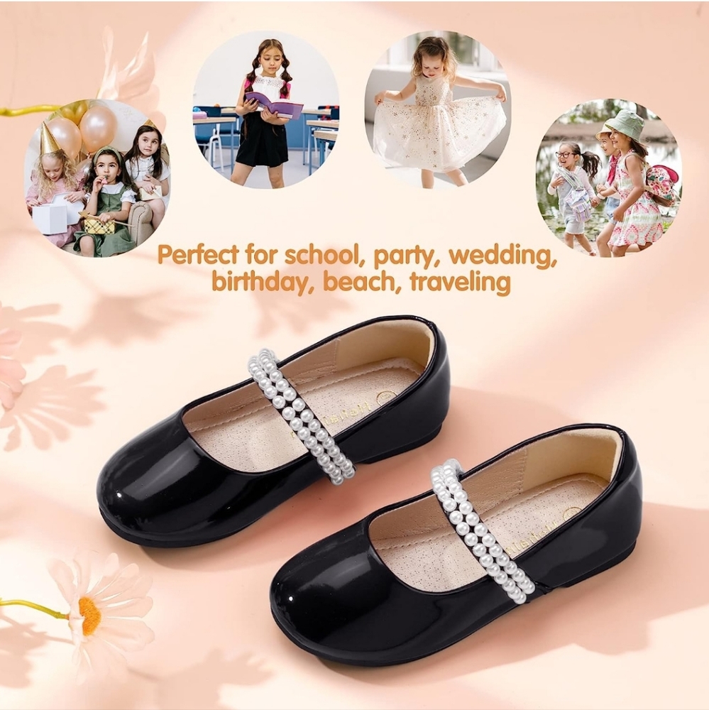 Hehainom Mary Jane Princess Ballet Flats Double Row Pearl Shoes w Free Headband - Picture 5 of 8
